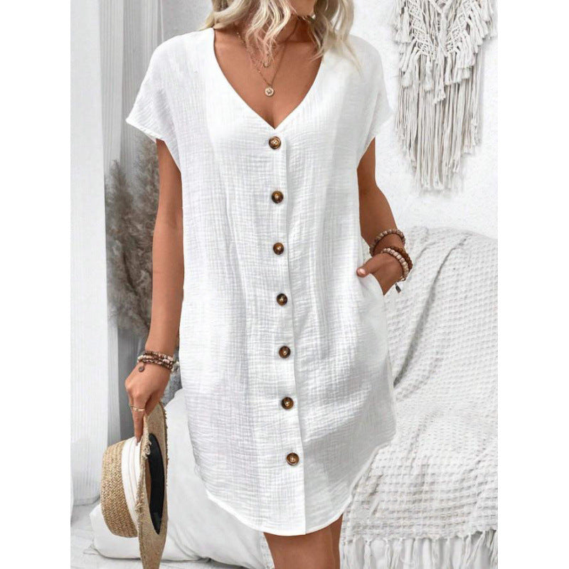 Baumwoll-Leinen Kleid mit V-Ausschnitt und Knöpfen von Fudus