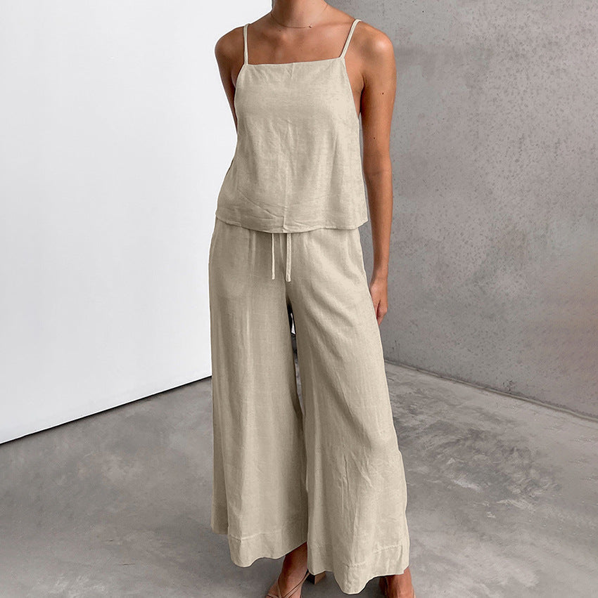 Ensemble Femme Sans Manches Haut Débardeur Ample Pantalon Large Coton Lin Confort Décontracté Avec Cordon Taille