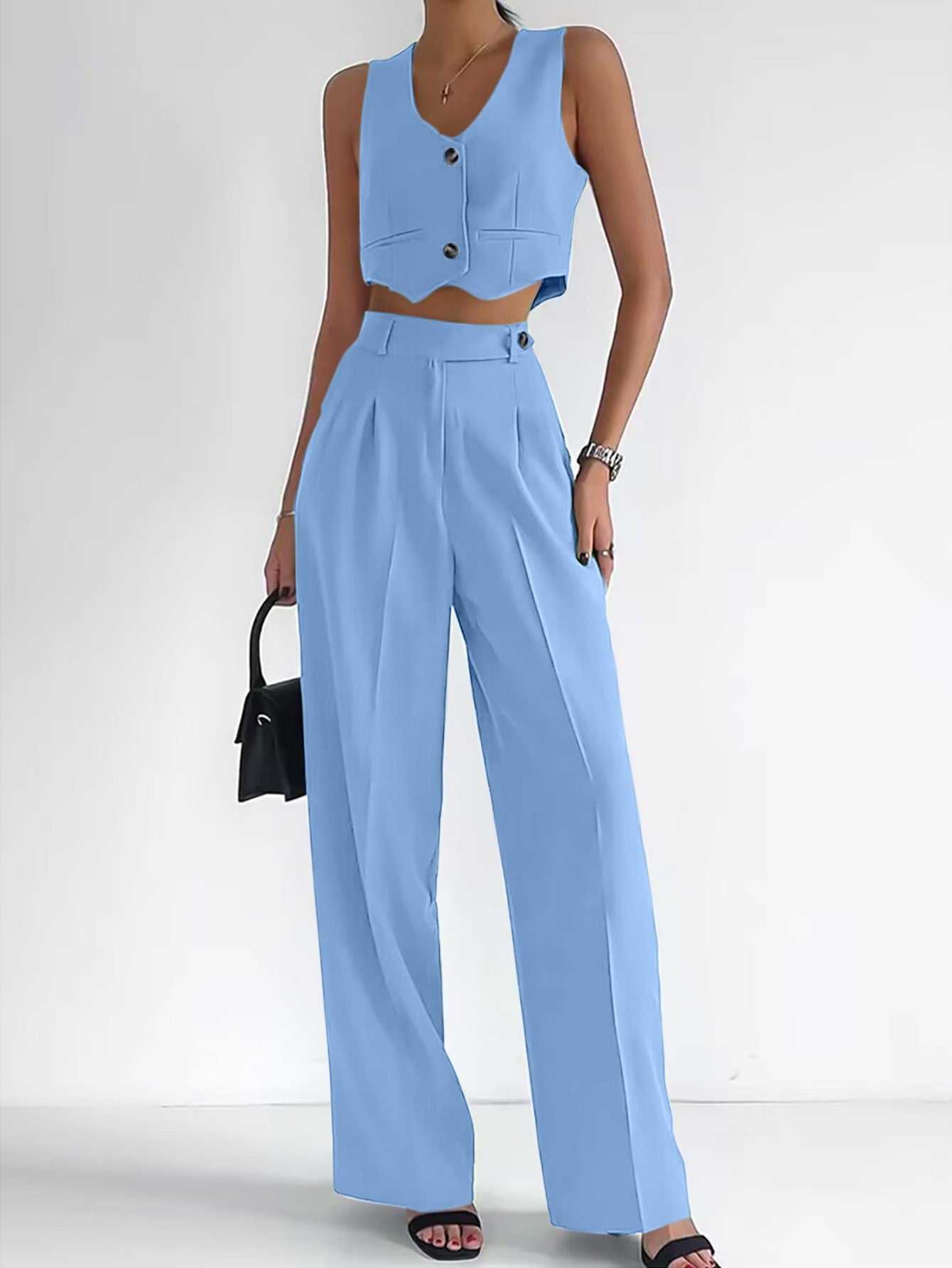 Damen Modisches Zweiteiler-Set mit ärmellosem Oberteil und weit geschnittenen Hosen Amawinc