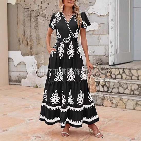 Robe Maxi Femme Col V A Ligne Avec Volants Floral Manches Courtes pour Été Décontracté et Féminin