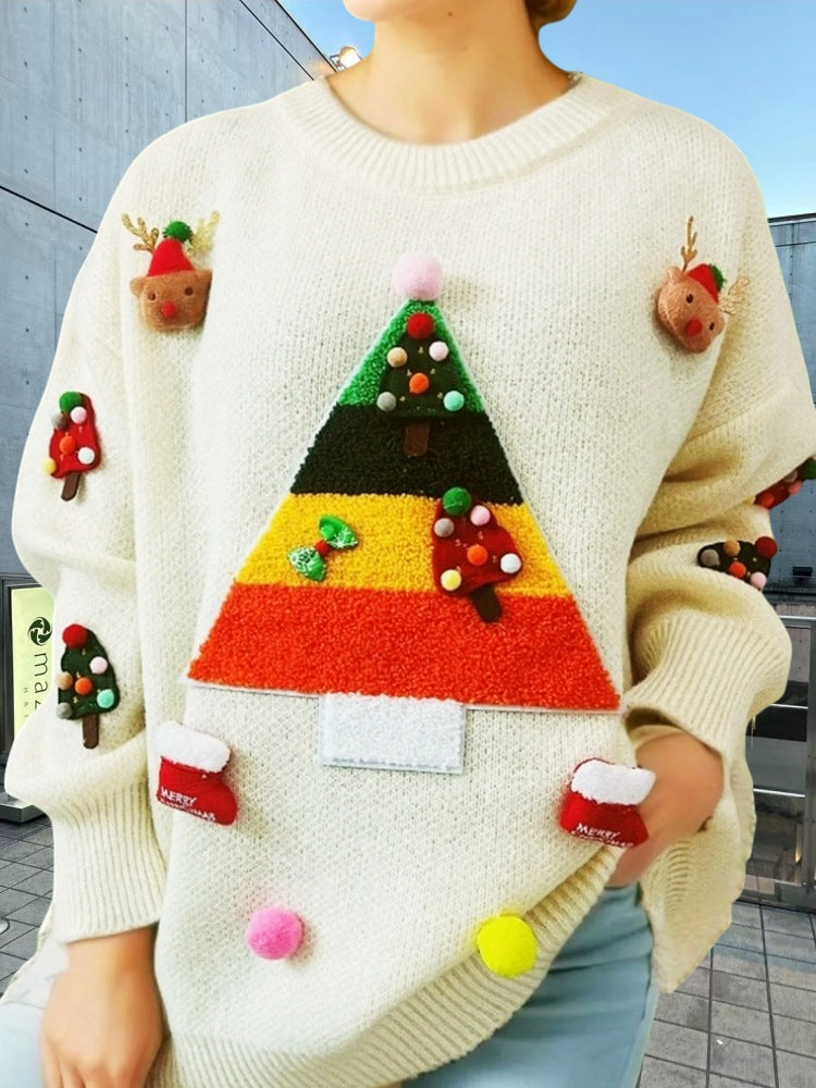 Damen Weihnachts-Pullover mit 3D-Elementen und festlichen Applikationen Amawinc