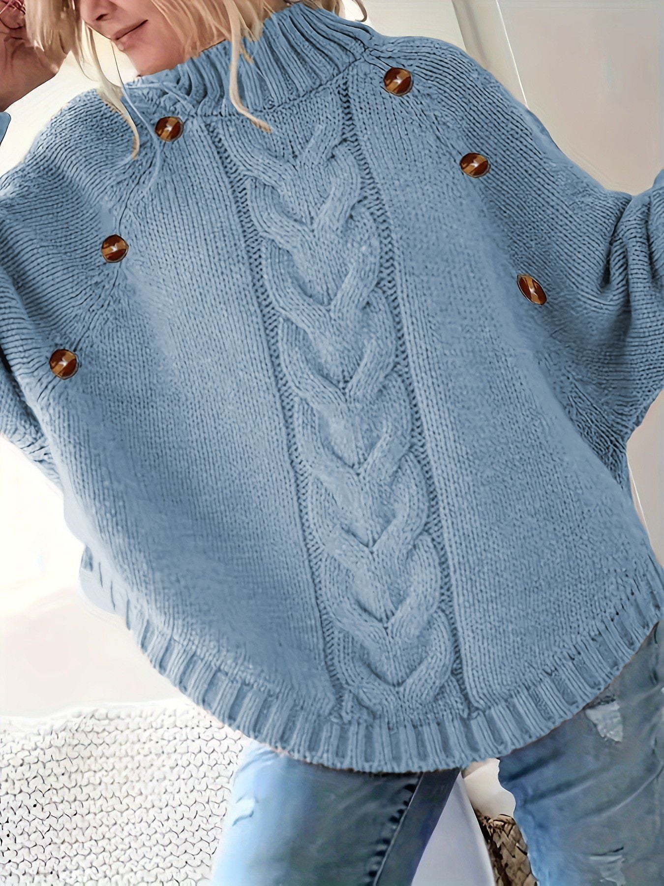 Damen Oversized Strickpullover mit Hochkragen und dekorativen Knopfdetails Amawinc