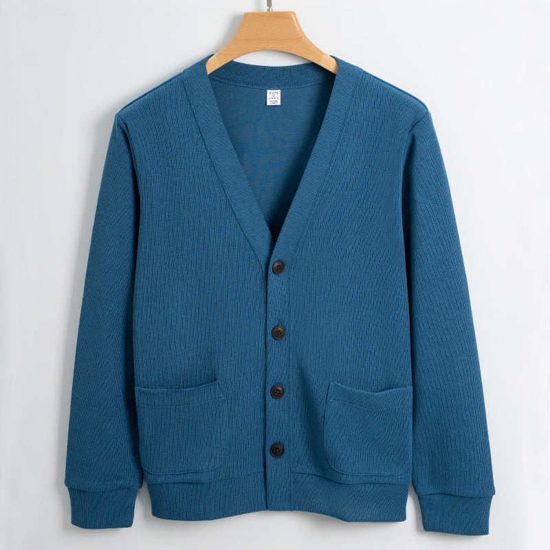 Amawinc Cardigan Homme En Coton Maille Décontracté Col V Boutons Poches Pull Polyvalent Élégant