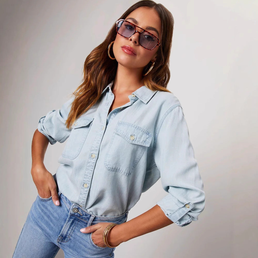 Chemise Femme En Jean Coupe Décontractée Avec Fermeture Bouton Manches Longues Poches Poitrine Nordic Flair
