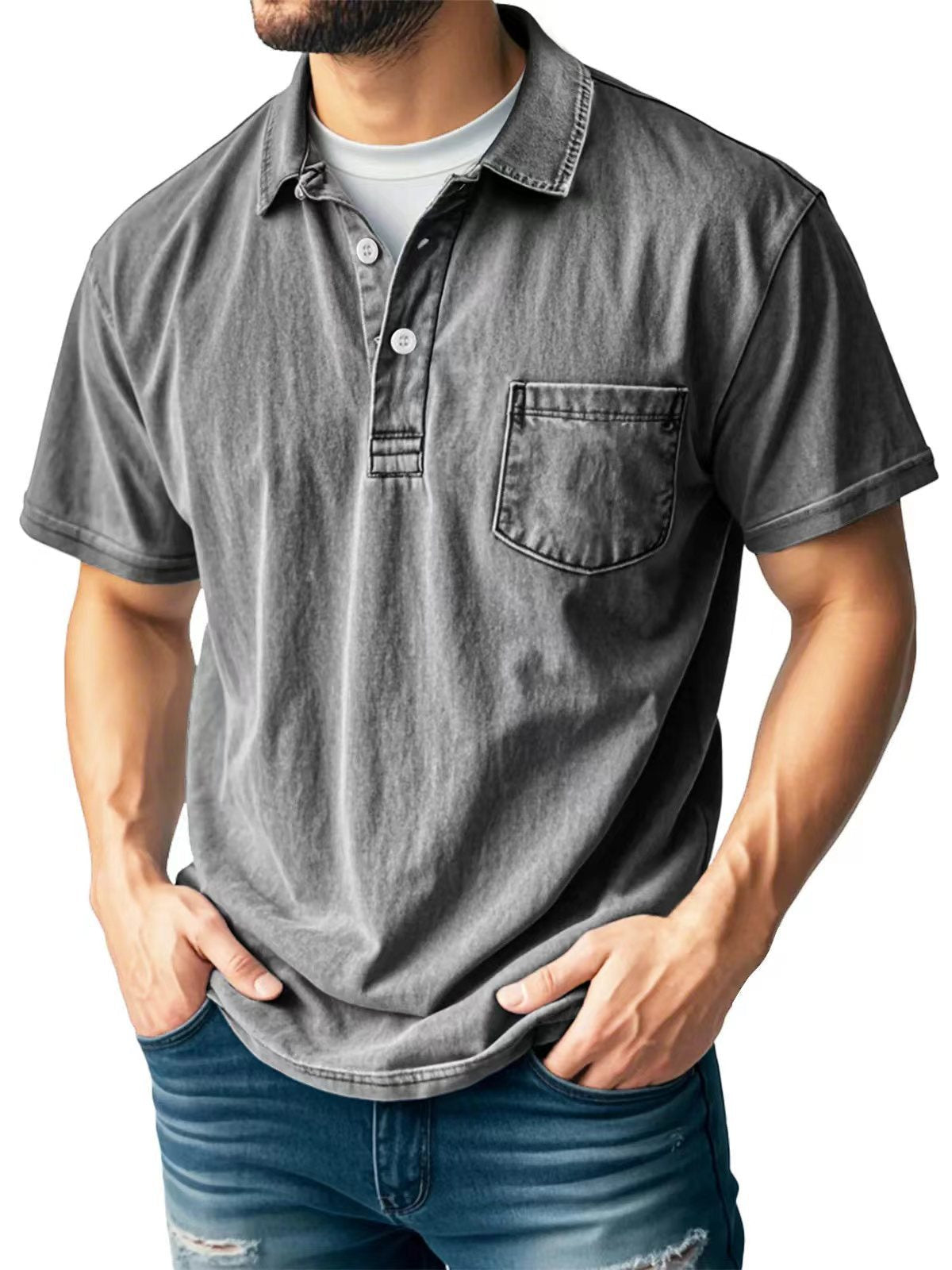 Polo Homme Vert Amawinc Poche Poitrine Respirant Manches Courtes Coupe Décontractée Été Casual