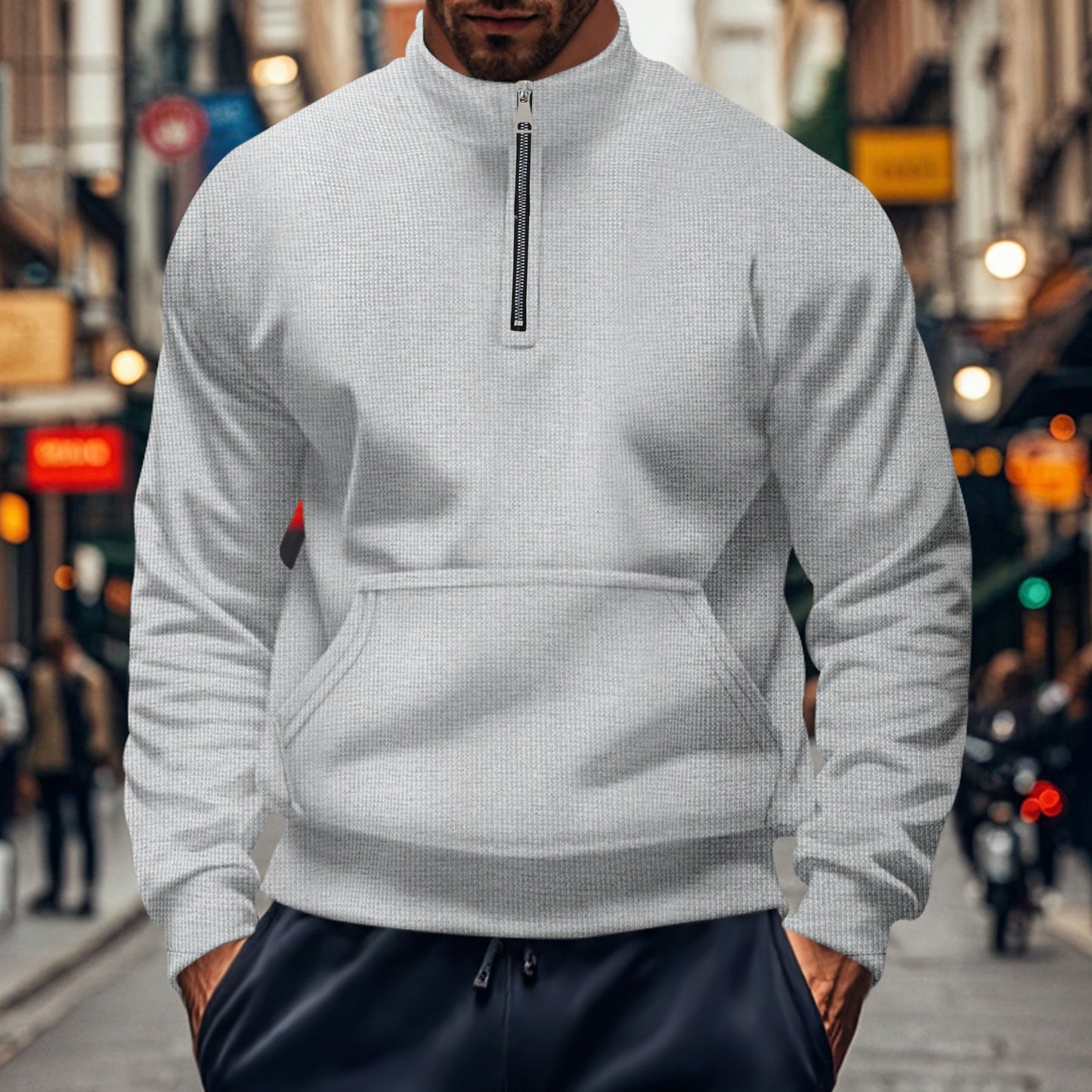 Amawinc Sweatshirt Homme Coupe Décontractée Demi Zip Poche Kangourou Tricot Coton Bord Côtelé Pour Tous Les Jours