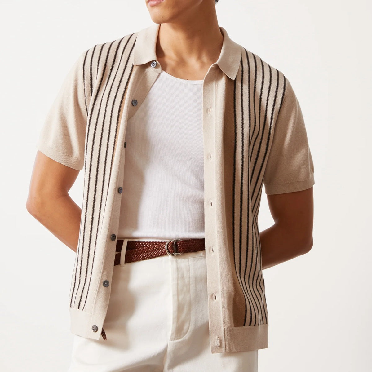 Polo Homme Amawinc en Maille Décontracté avec Boutons Rayures Verticales Flair Nordique pour une Tenue Décontractée