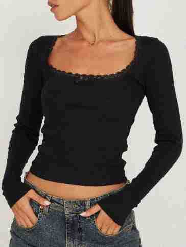 Damen Langarmoberteil mit feiner Spitzenkante und figurbetontem Schnitt Amawinc