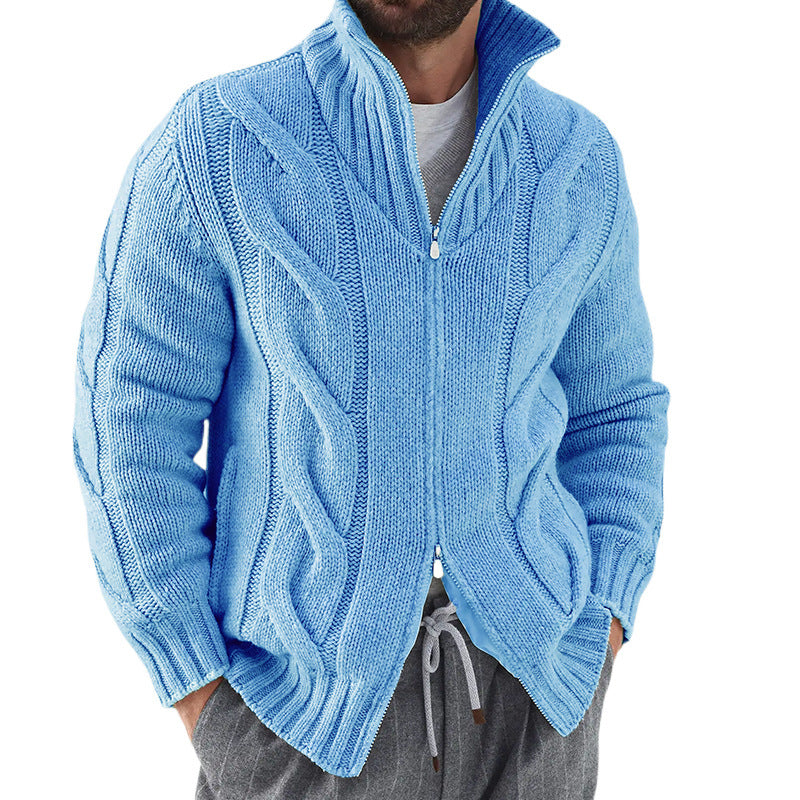 Cardigan Homme en Mélange de Laine avec Manches Tricot Cable Zip Col Haut Coupe Décontractée Gris