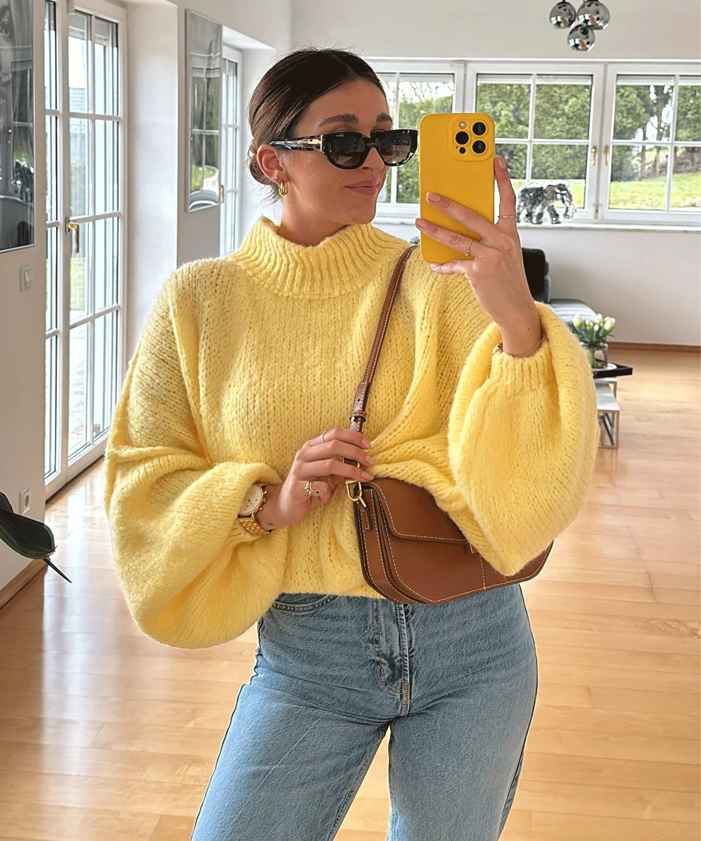 Damen lässiger Oversize Pullover mit hohen Ärmeln und unkonventionellem Schnitt Amawinc