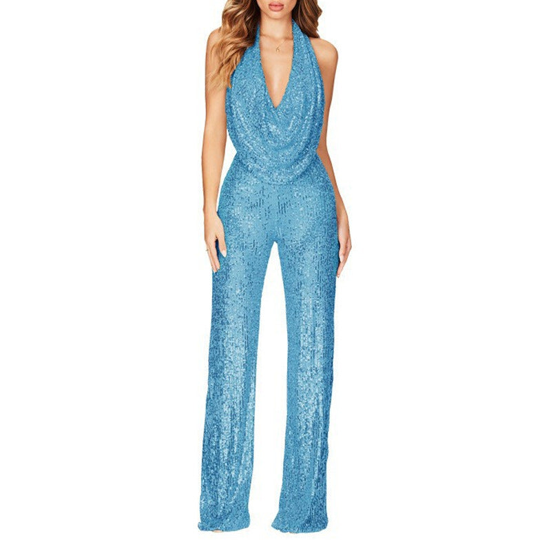 Damen Glitzerndes Jumpsuit mit tiefem V-Ausschnitt und weitem Bein Amawinc