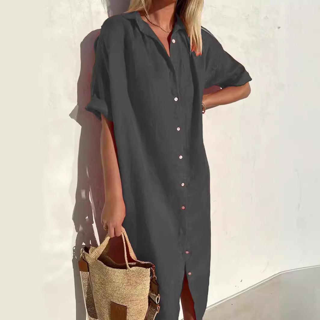Robe Chemise Femme En Mélange Coton Lin Coupe Décontractée Manches Courtes Boutonnage