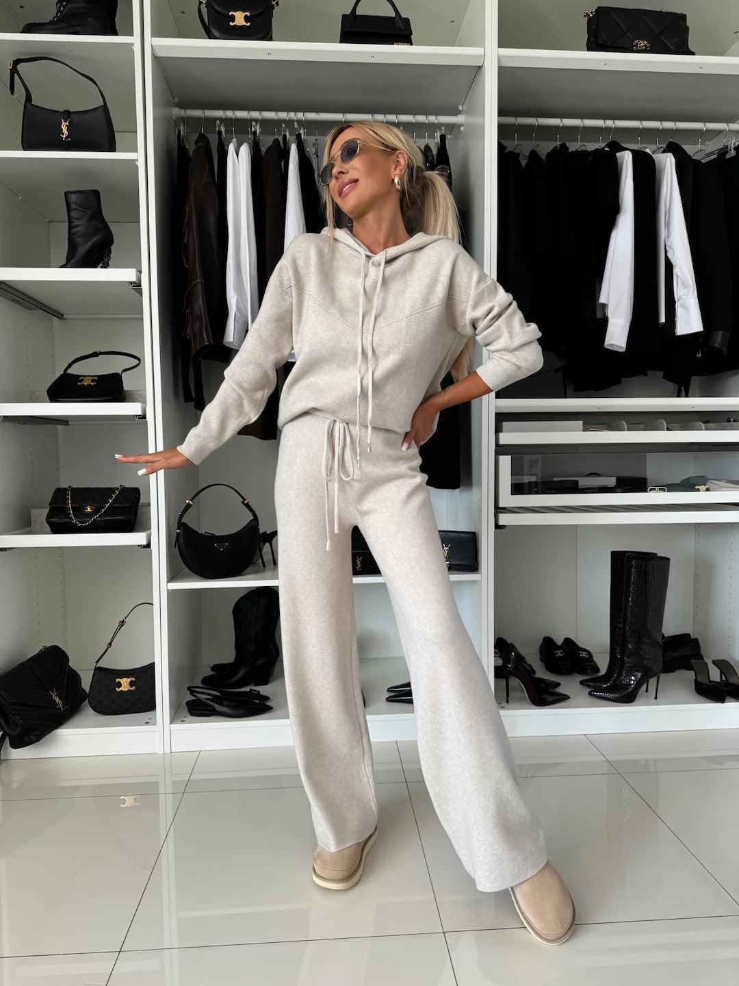 Damen entspannte Fleece-Hoodie und weite Hose Set Amawinc