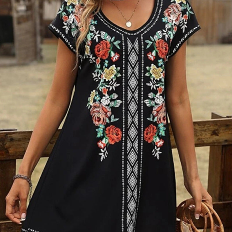 Amawinc Robe Tunique Femme Coupe Décontractée En Coton Doux Avec Broderie Florale Encolure V Manches Courtes