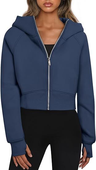 Damen cropped Kapuzenjacke mit durchgehendem Reißverschluss Amawinc