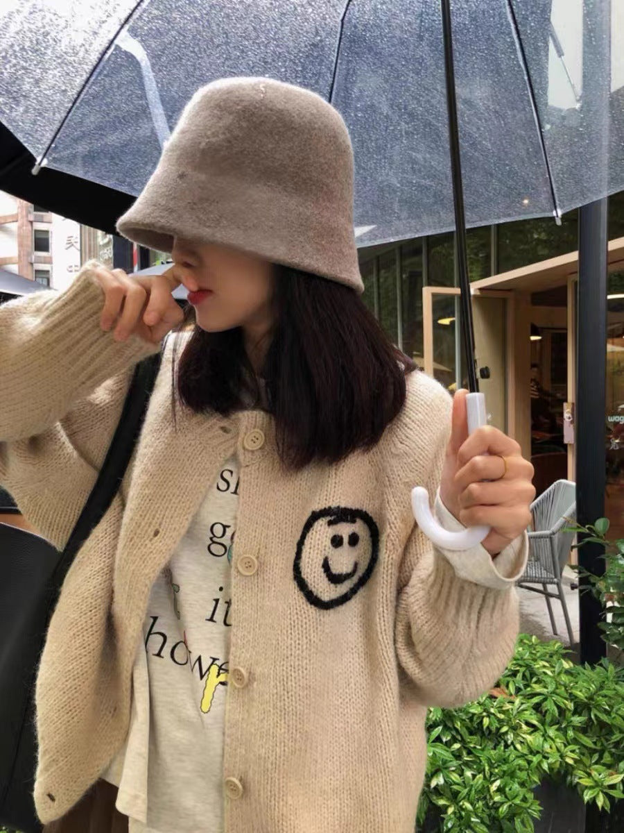 Damen gemütlicher Strickcardigan mit verspieltem Smiley-Motiv Amawinc