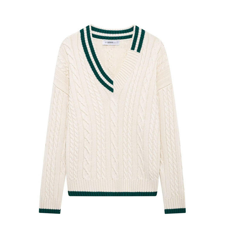 Damen Strickpullover mit V-Ausschnitt und strukturiertem Zopfdesign Amawinc