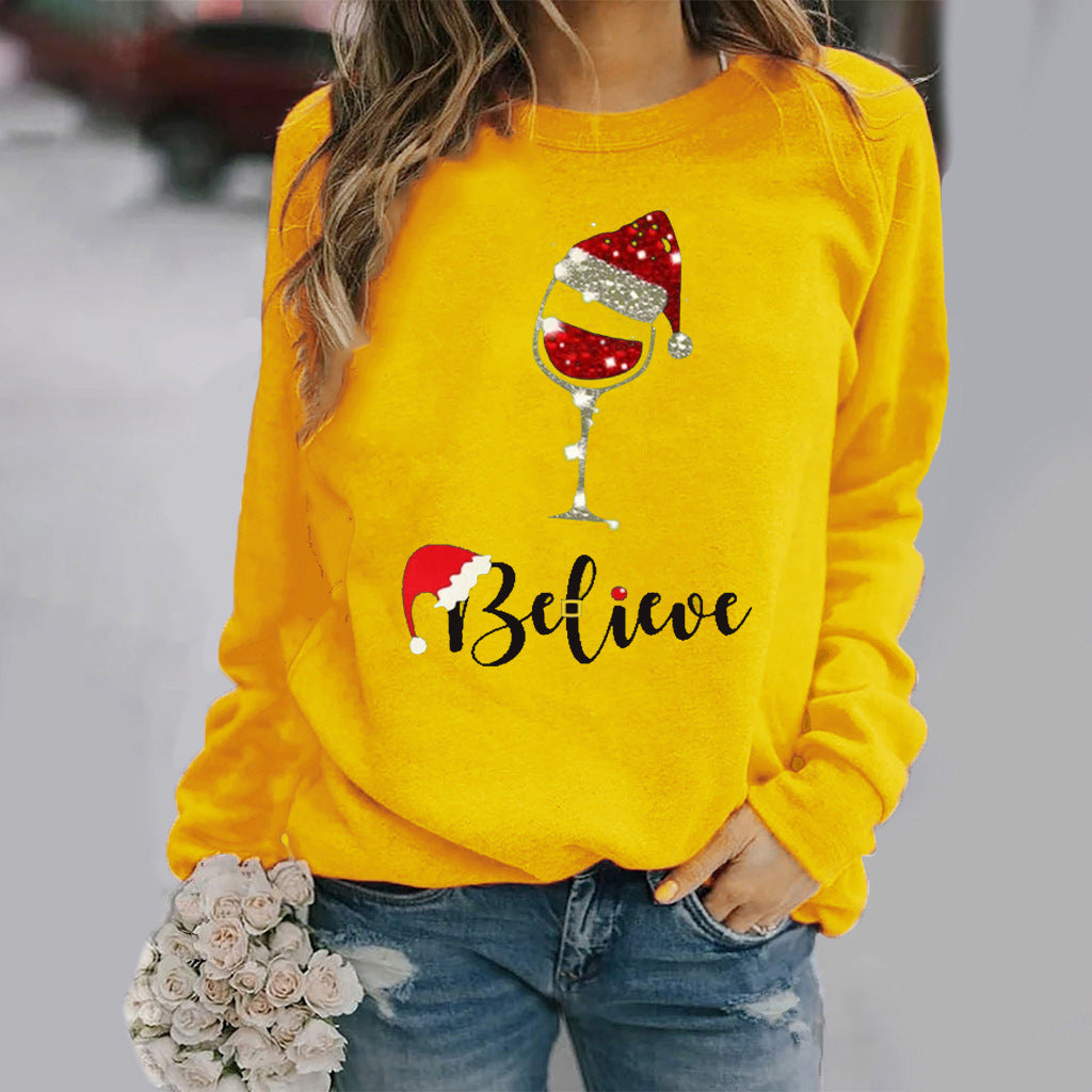 Sweatshirt Femme Coupe Décontractée en Mélange Coton Col Ras du Cou Graphique Festif
