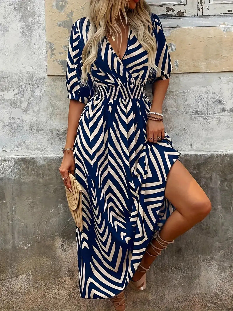 Robe Femme Midi A Ligne Avec Encolure V Croisée Ceinture Manches Bouffantes Chevron