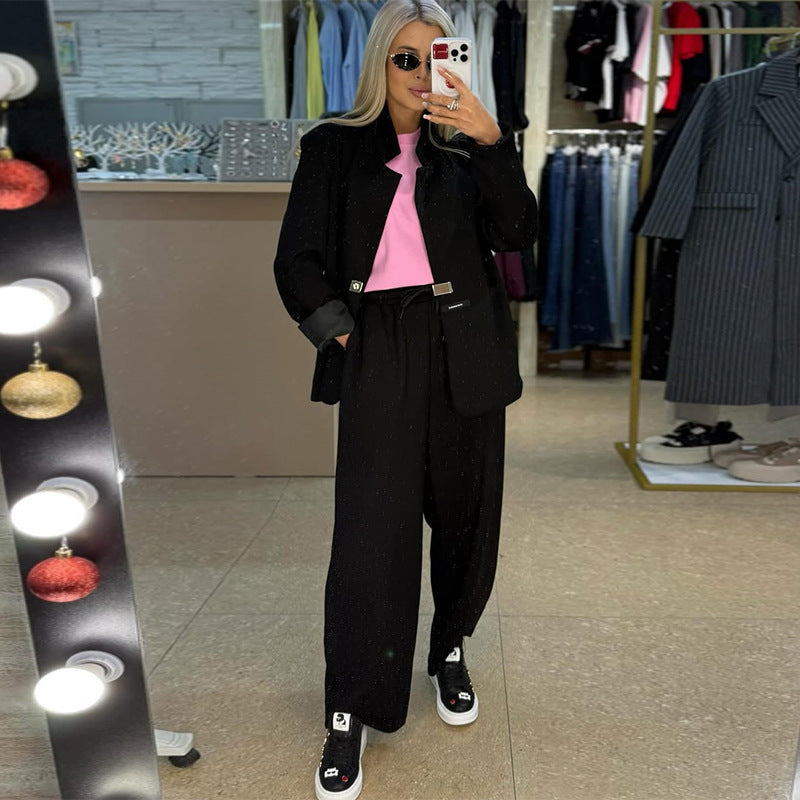 Damen lässige Sweater-Blazer-Kombination mit weit geschnittenen Hosen Amawinc