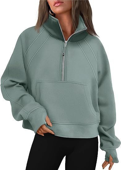 Damen kuscheliger Half-Zip Pullover mit Kapuze und Kängurutasche Amawinc