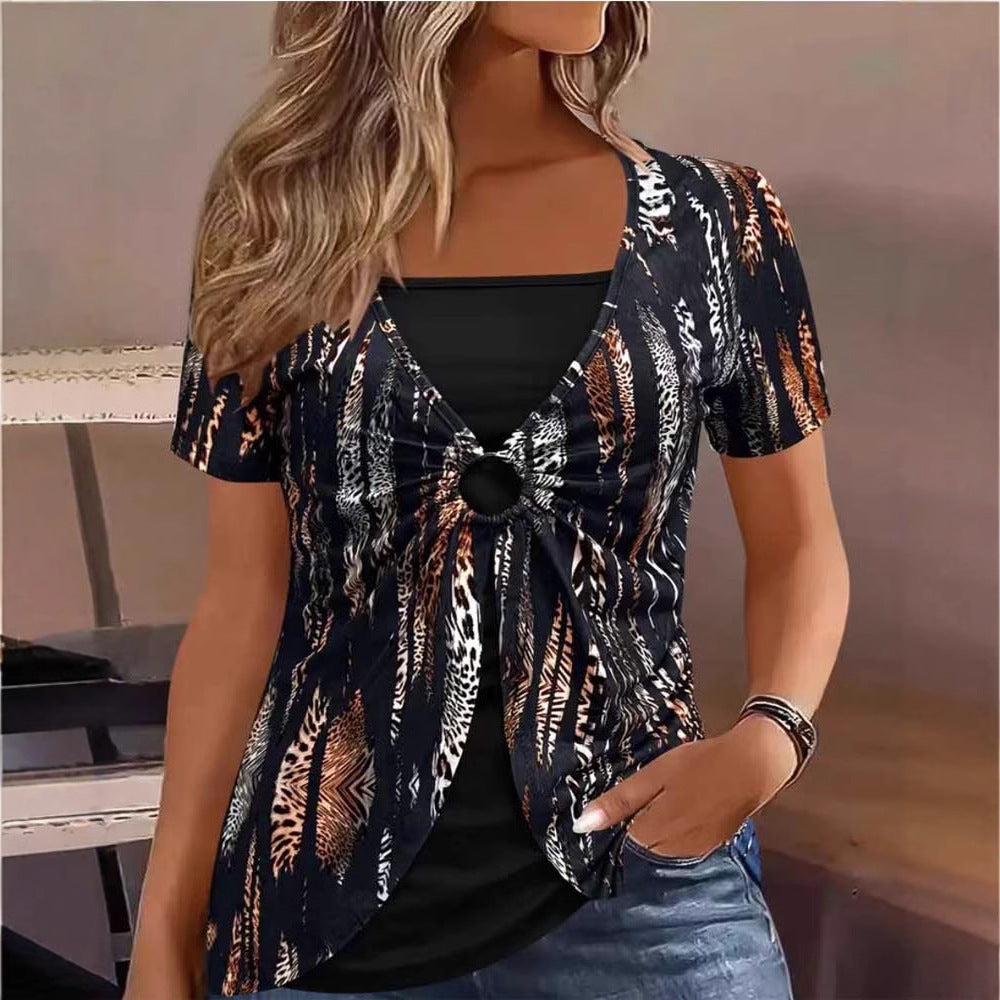 Damen lässiges Oberteil mit modischem Knotendetail und animalischem Print Amawinc