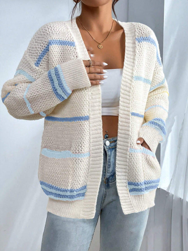 Cardigan Femme Oversize Tricot Texturé À Rayures Bord Côtelé Doux Pour Style Décontracté Confortable