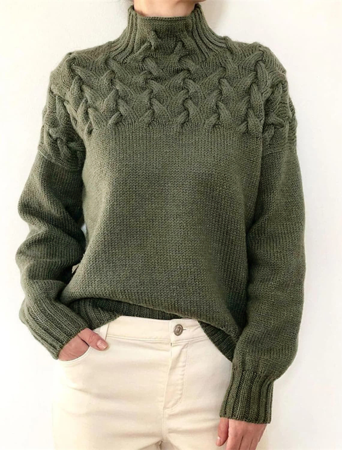 Damen Grobstrickpullover mit Stehkragen und Zopfmuster Amawinc