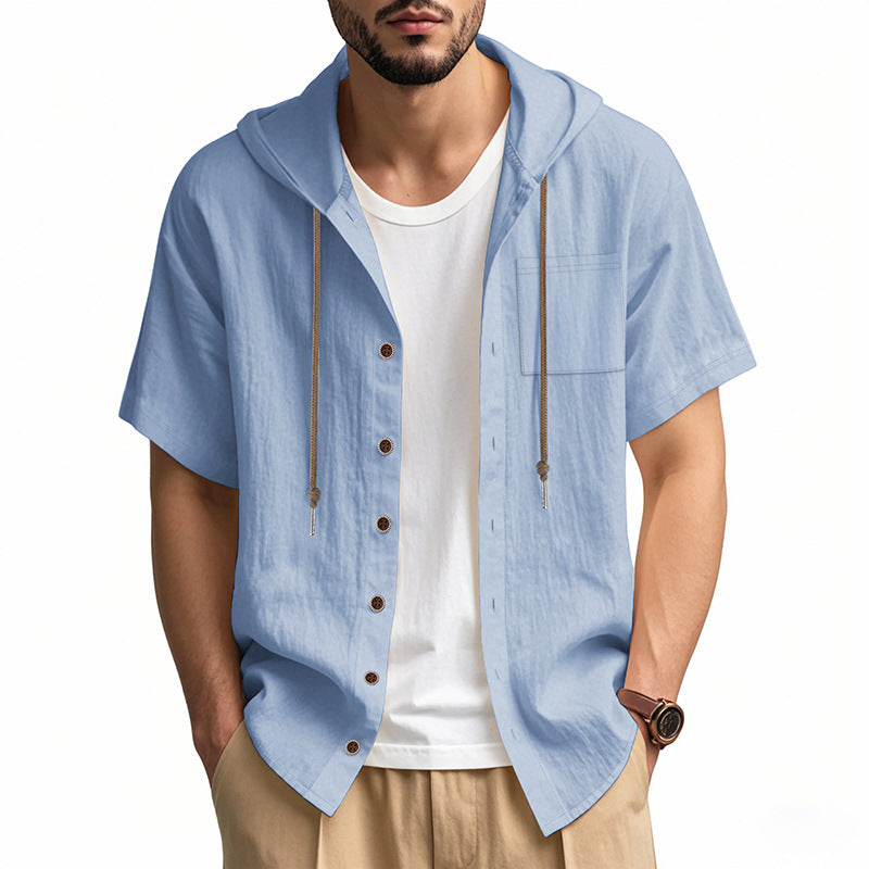Chemise À Capuche En Lin Mélangé Pour Homme Manches Courtes Coupe Décontractée Fermeture Bouton Idéale Pour L'Été