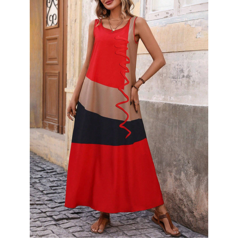 Robe Maxi Femme Encolure En V Taille Cintrée Imprimé Géométrique Manches Volants Et Fente Latérale