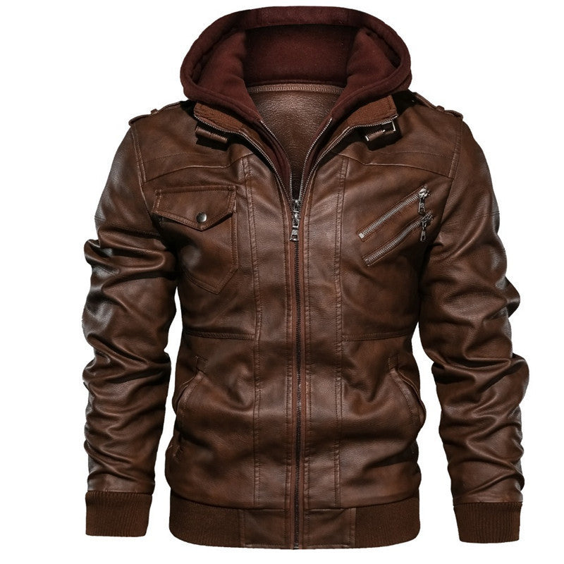 Veste Homme En Cuir Avec Capuche Slim Fit Style Bomber Poches Zippées Et Ourlet Côtelé
