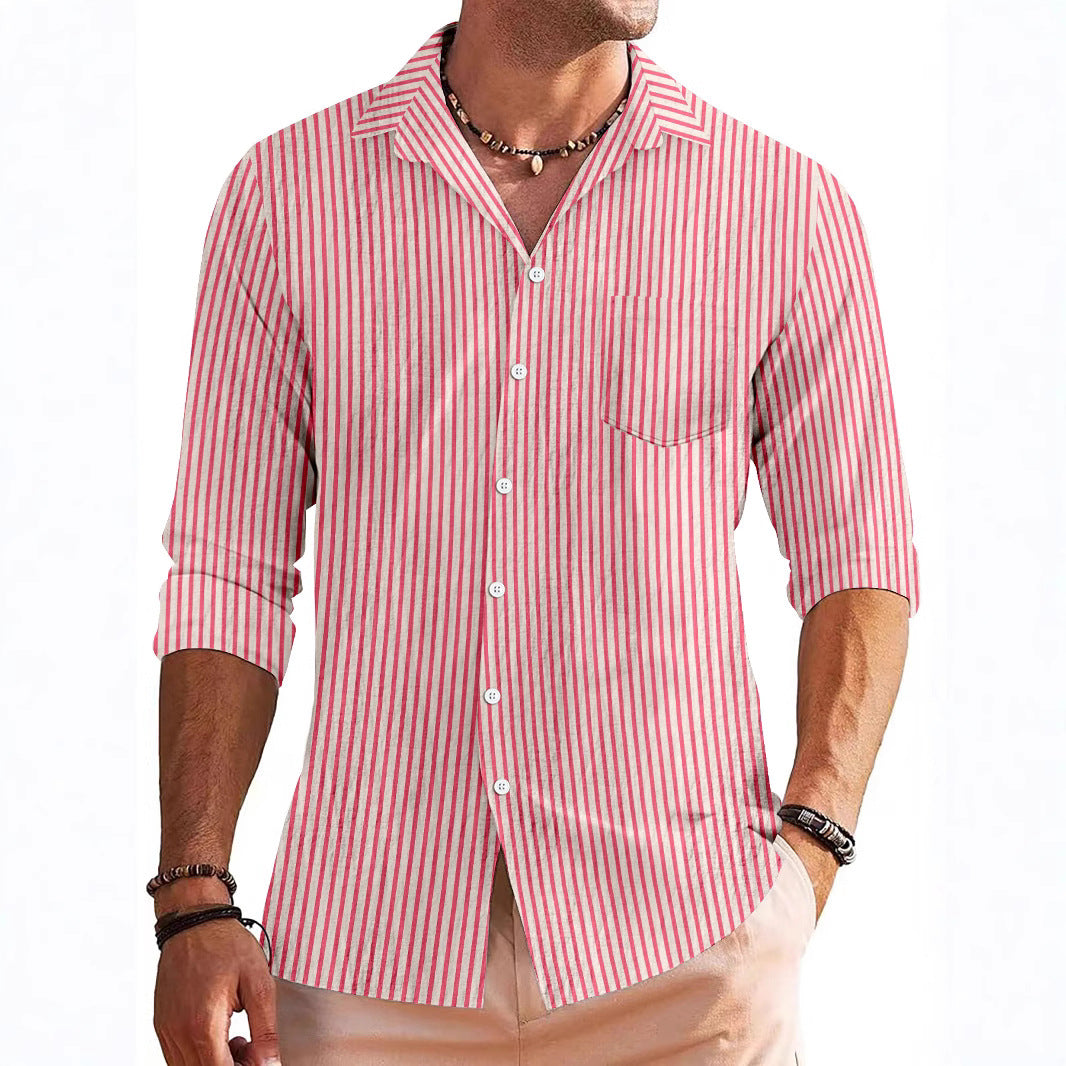 Chemise Homme Manches Longues Coupe Regular Rayures Poche Poitrine en Matière Respirante