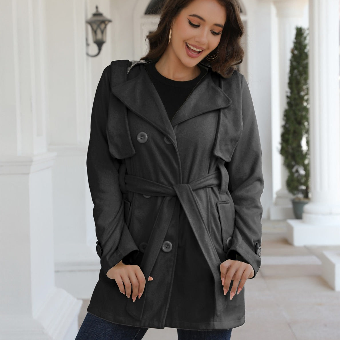 Damen eleganter Trenchcoat mit Gürtel und doppelt geknöpften Details Amawinc