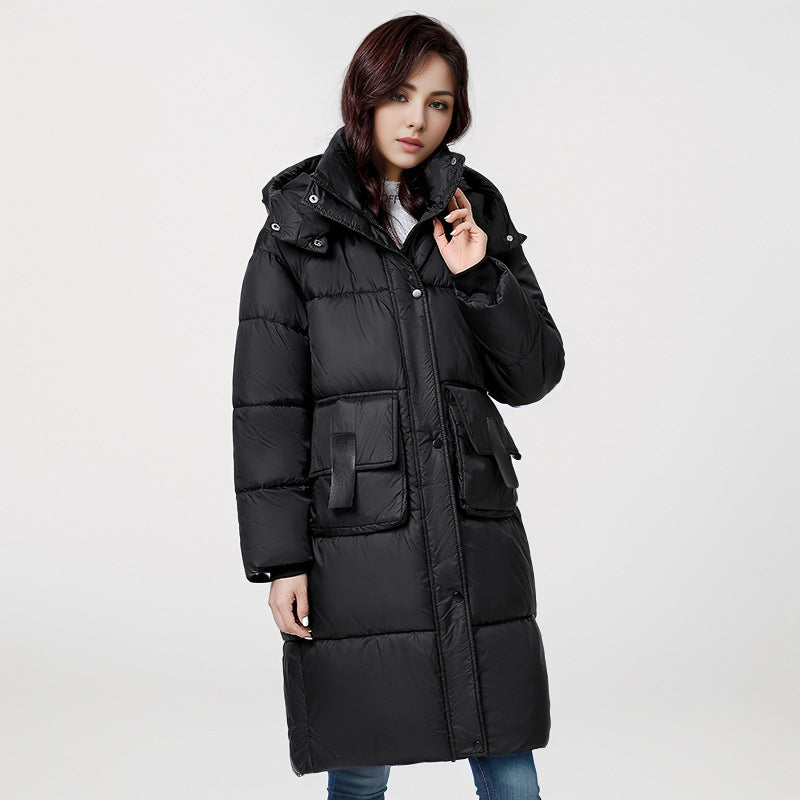 Damen gesteppter Langmantel mit wärmender Kapuze und praktischen Taschen Amawinc