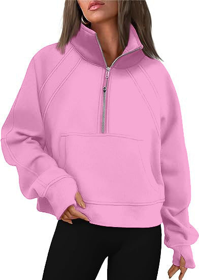 Damen kuscheliger Half-Zip Pullover mit Kapuze und Kängurutasche Amawinc
