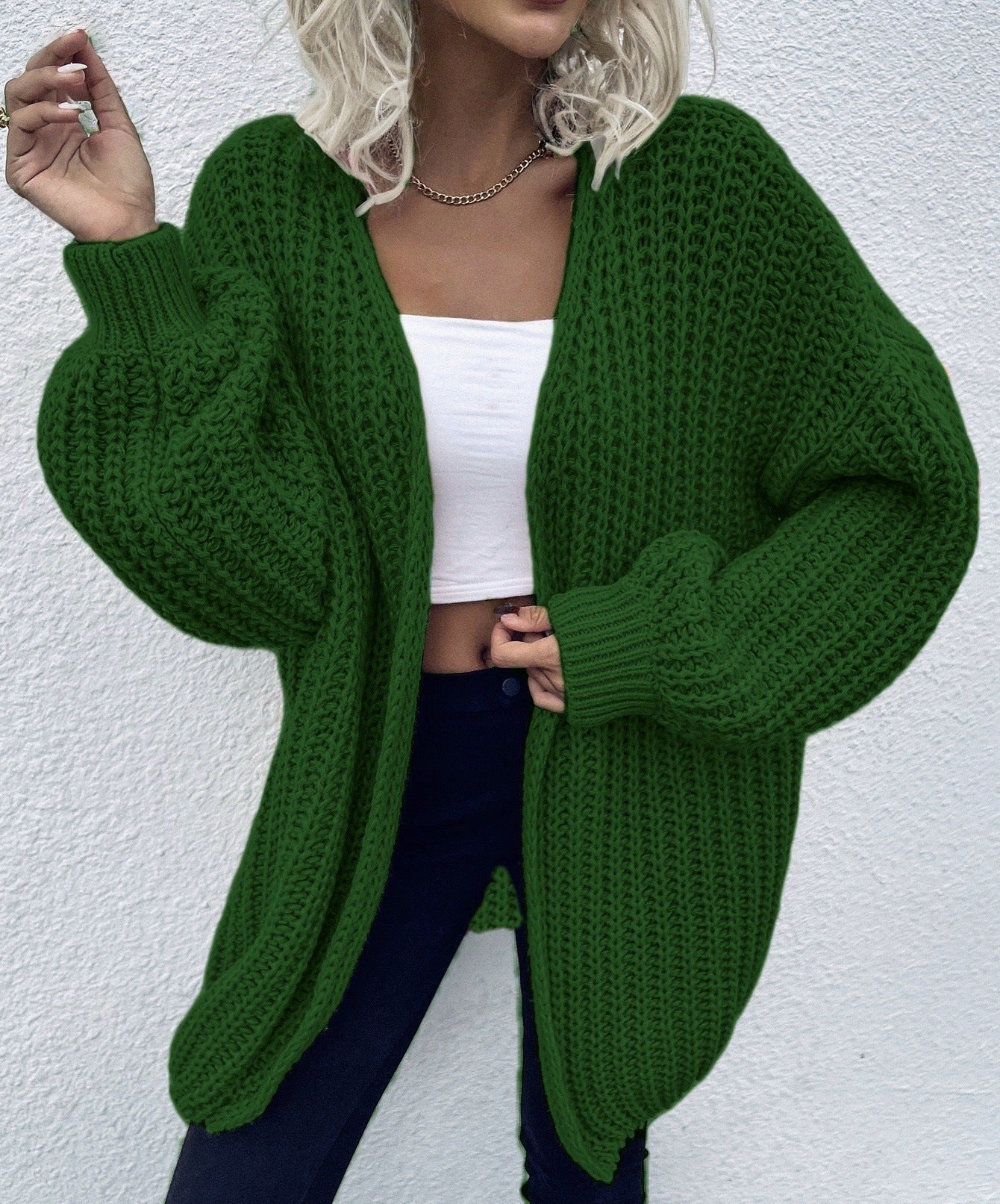 Damen lässiger Grobstrick-Cardigan mit tiefen Taschen und voluminösen Ärmeln Amawinc