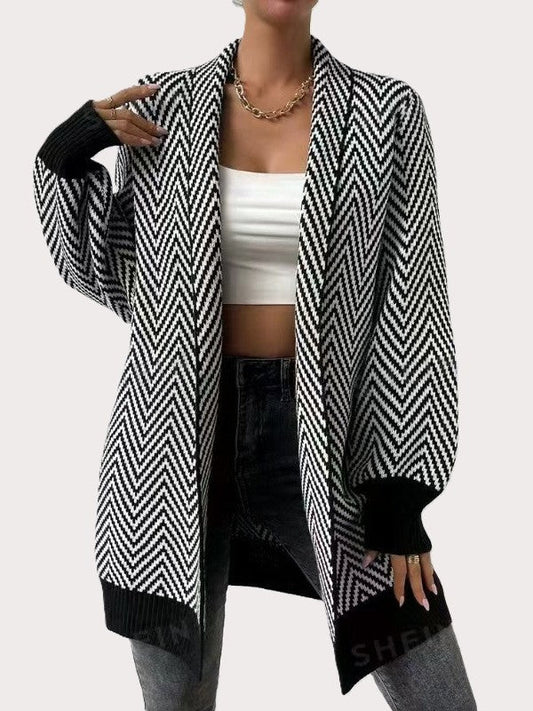 Women’s Open Front Cardigan - Long Sleeve - Geometric Pattern - Amawinc