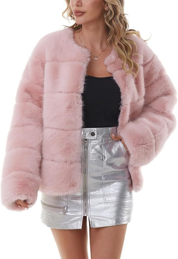 Damen Kuschelige Kunstpelzjacke mit modischem Puffärmel-Design Amawinc