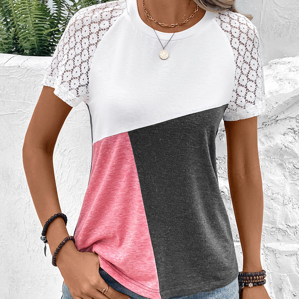 T Shirt Femme Coupe Décontractée En Mélange Coton Avec Manches Dentelle Col Rond Vêtement Décontracté