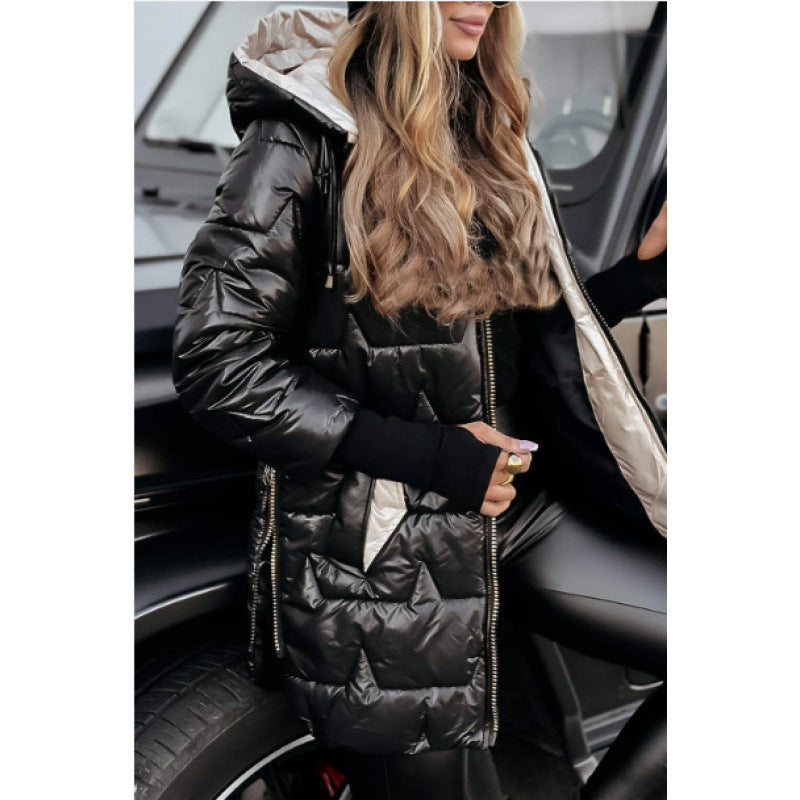 Damen Longline Steppjacke mit abnehmbarem Kapuzenfutter und seitlichen Reißverschlusstaschen Amawinc