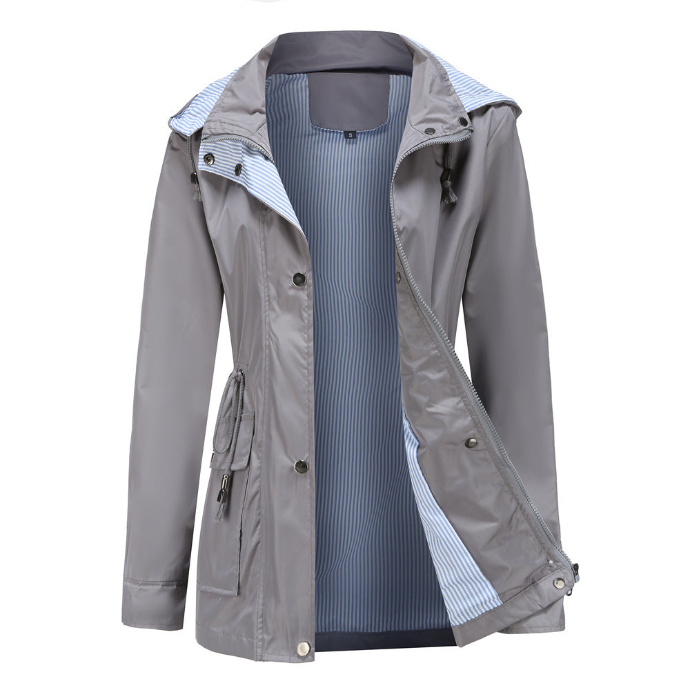 Damen Wetterfeste Regenjacke mit verstellbarem Kapuzenkragen und Taillenzug Amawinc