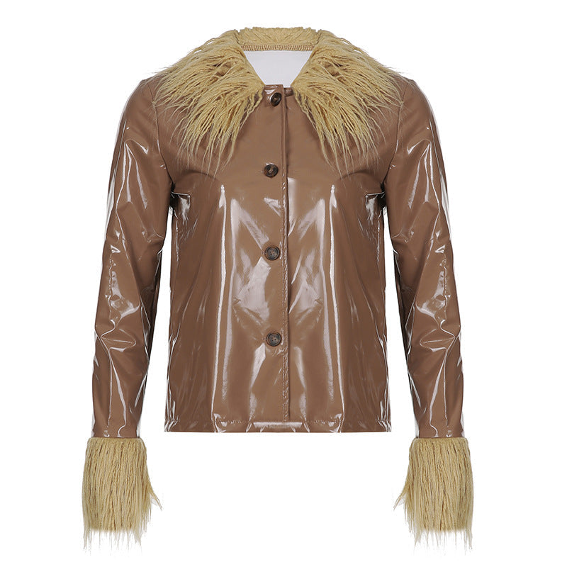 Damen modischer Lackmantel mit kuscheligem Kunstfellkragen Amawinc