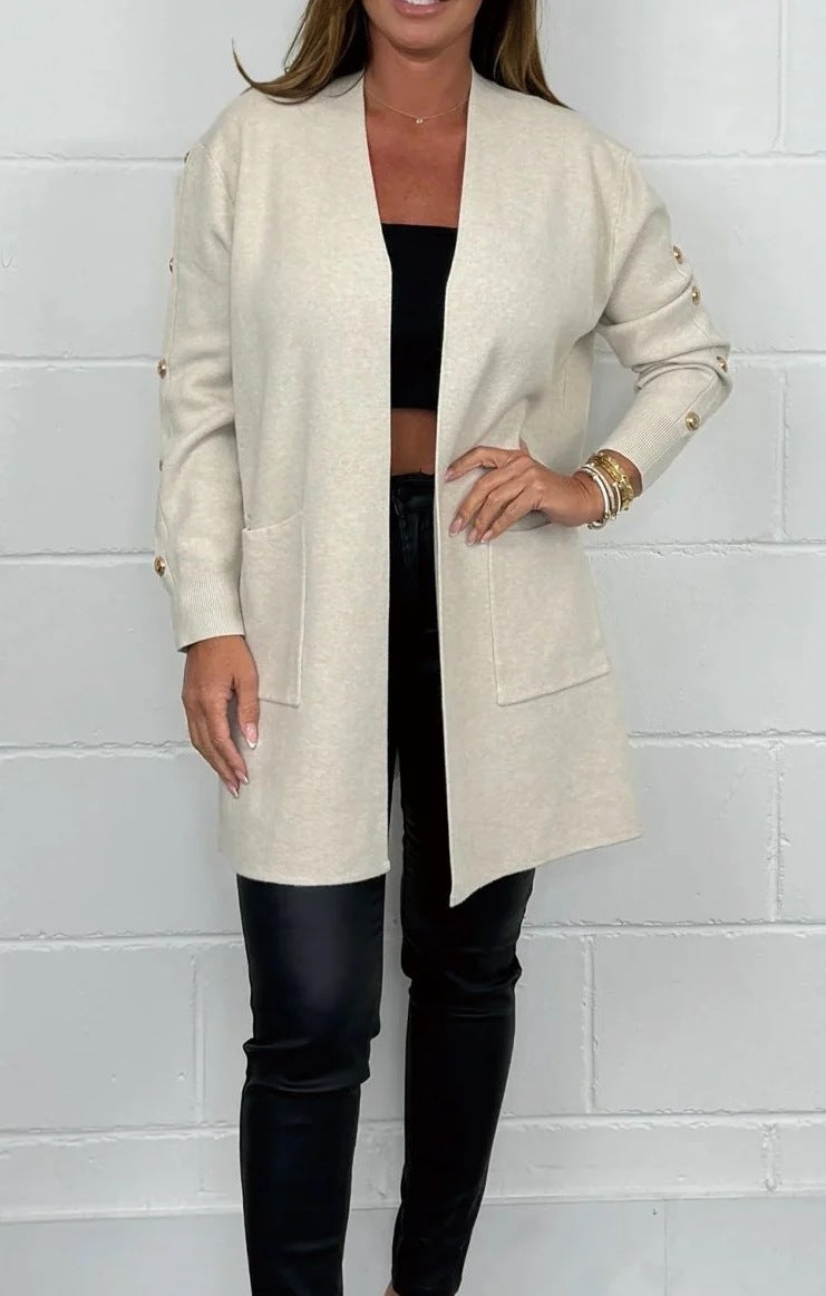 Damen Elegante Strickjacke mit Knopfdetails und Taschen Amawinc