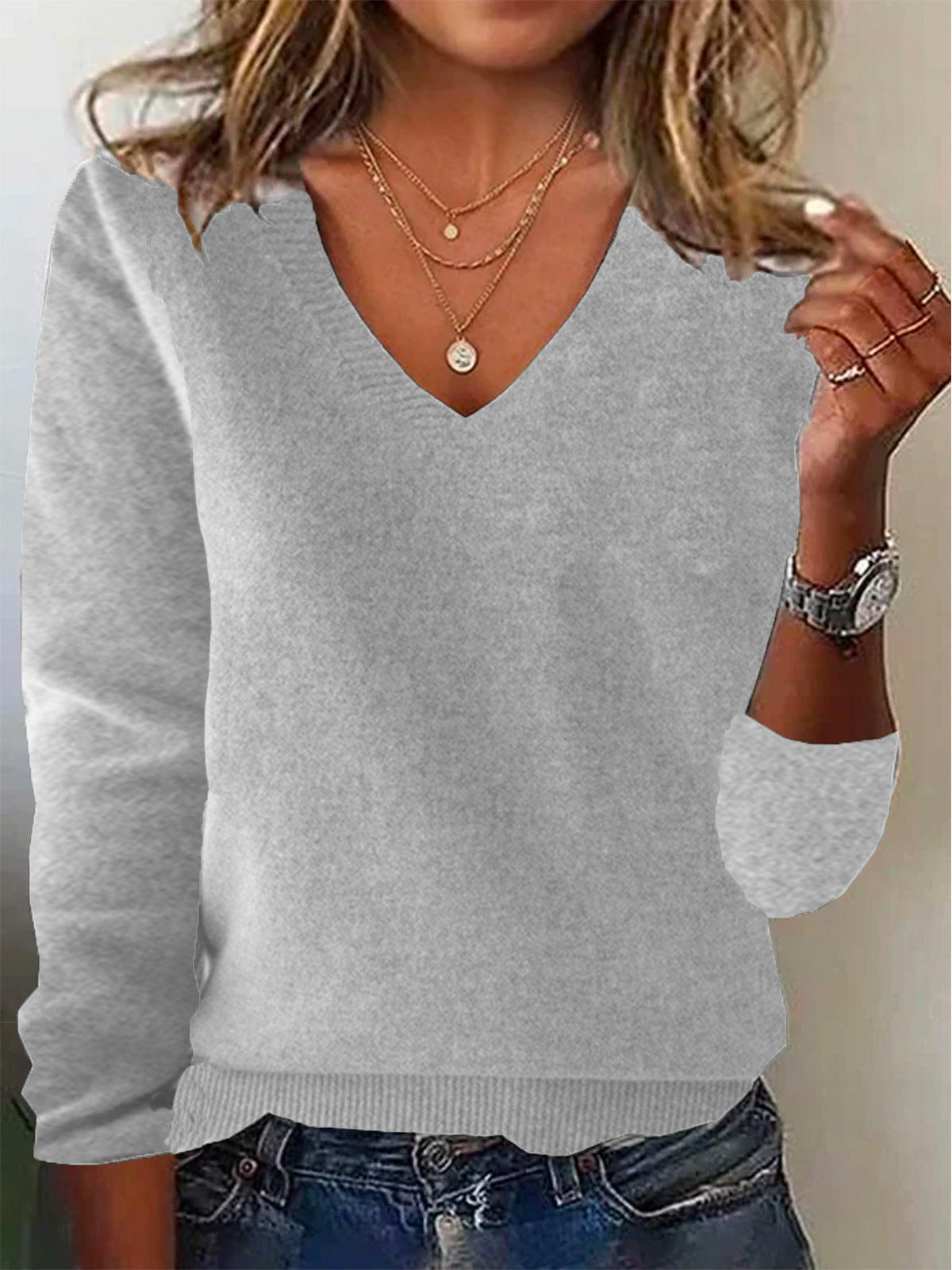 Pull Femme En Laine Tricotée Coupe Décontractée Col V Manches Longues Tenue Casual