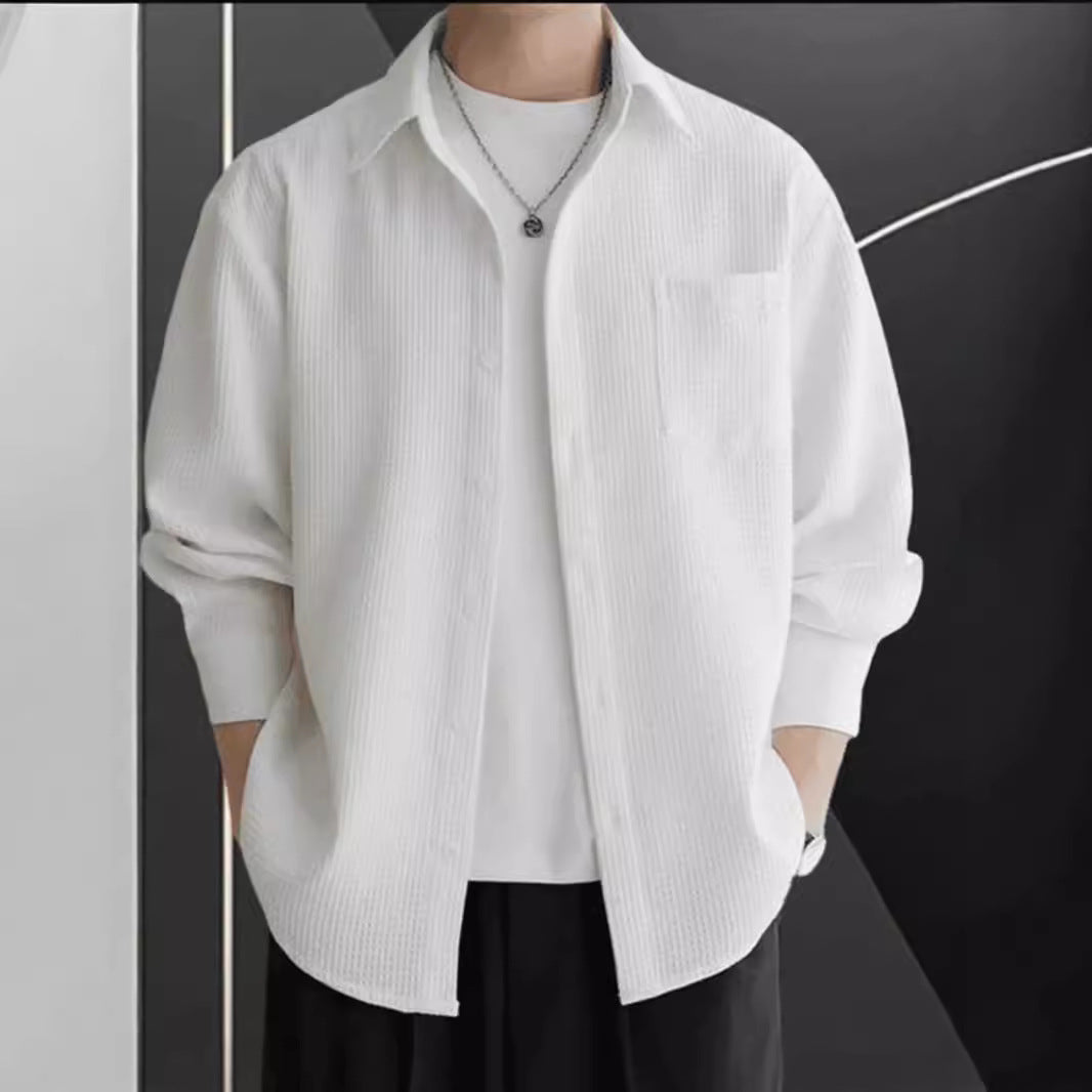 Chemise Tricot Gaufré Homme Oversize Manches Longues Boutons Décontracté Coton Acrylique Pour Le Quotidien