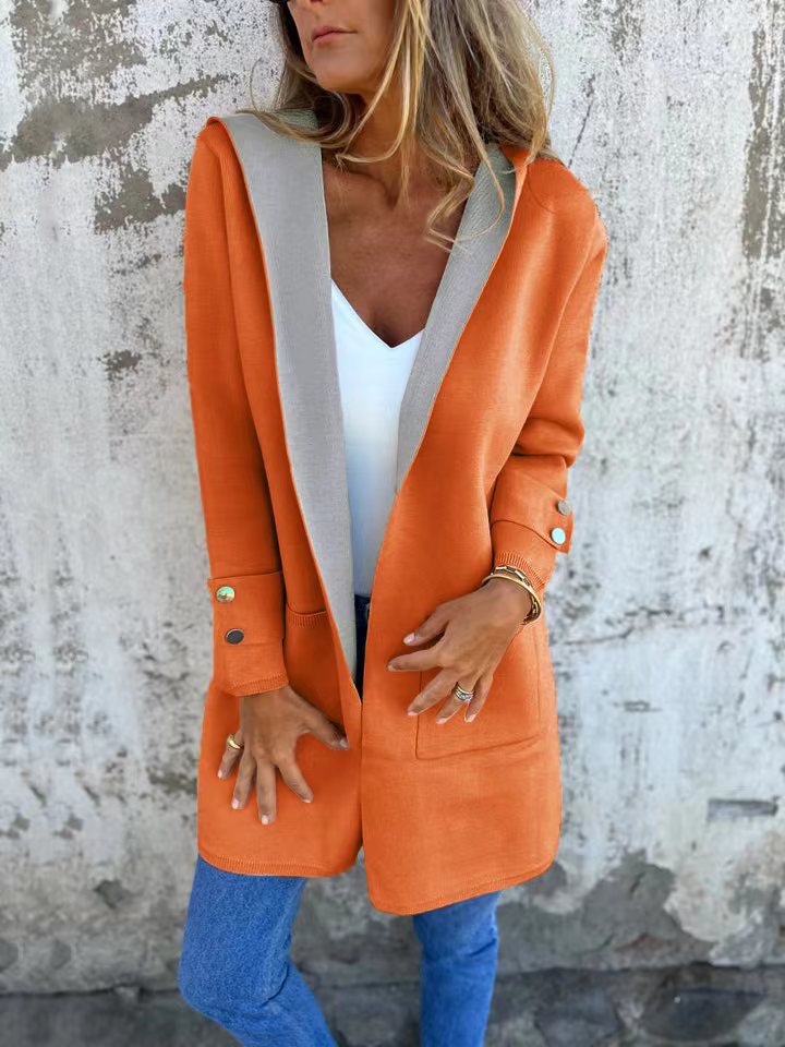 Damen modische Longjacke mit großzügiger Kapuze und praktischen Taschen Amawinc