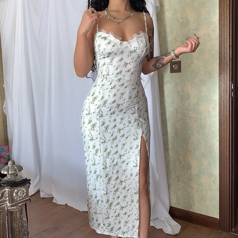 Robe Midi Femme Coupe Taillee Imprime Floral Decollete En Coeur Fente Bretelles Ete