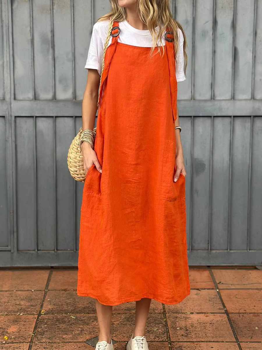 Damen lässiges Leinen-Trägerkleid mit praktischen Taschen Amawinc
