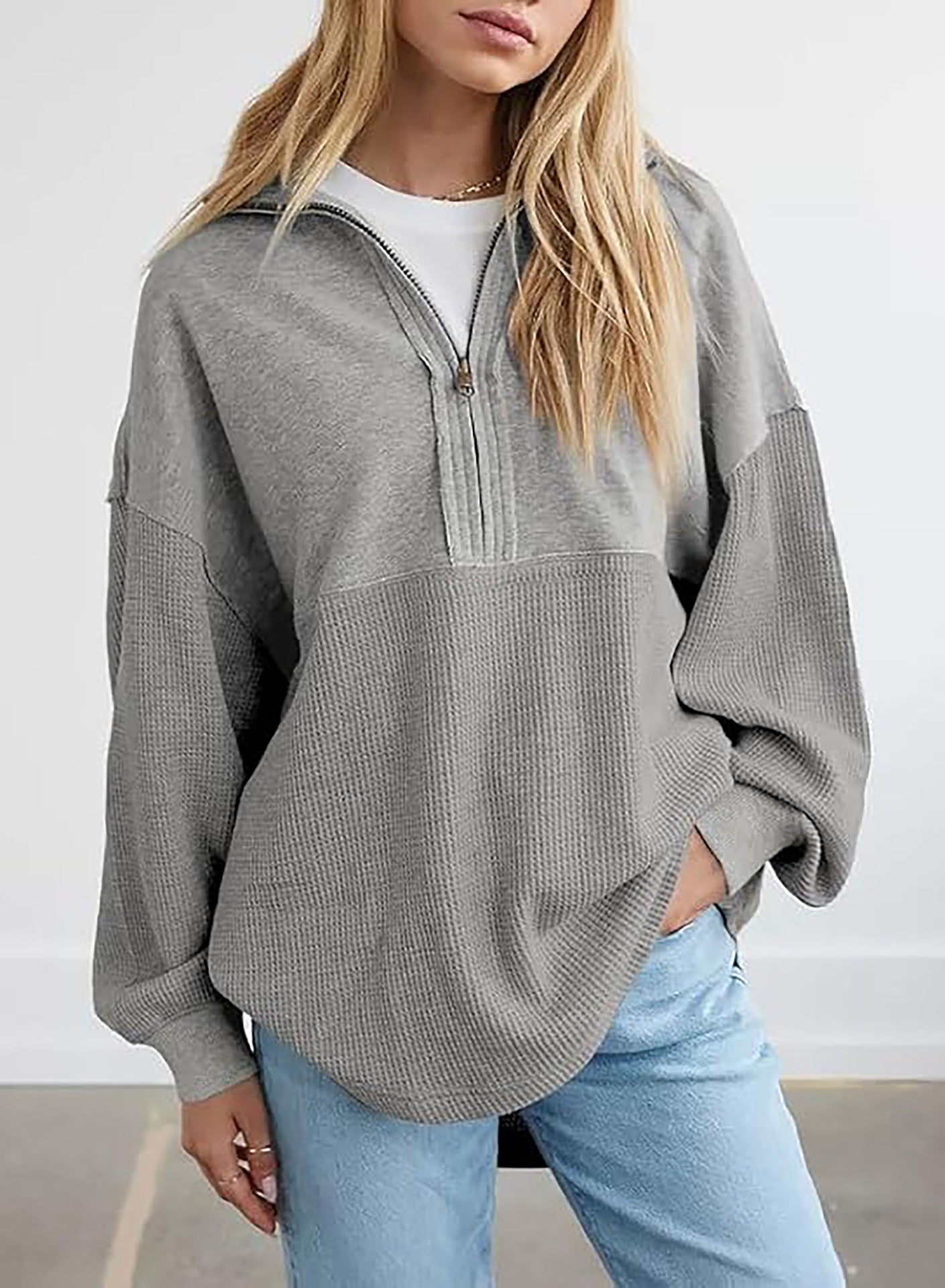 Damen lässiger Kapuzenpullover mit halblangem Reißverschluss und strukturiertem Material Amawinc