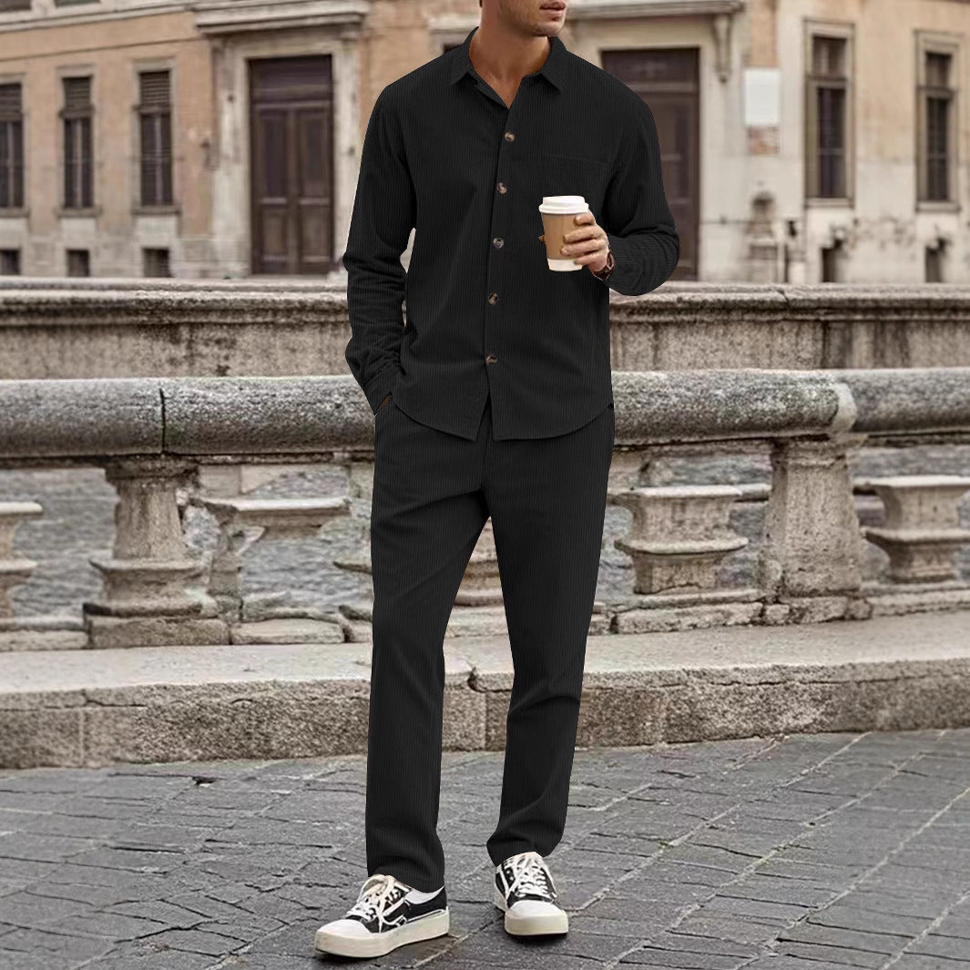 Ensemble Chemise Et Pantalon Homme En Velours Côtelé Décontracté Fermeture Boutons Style Nordique Casual